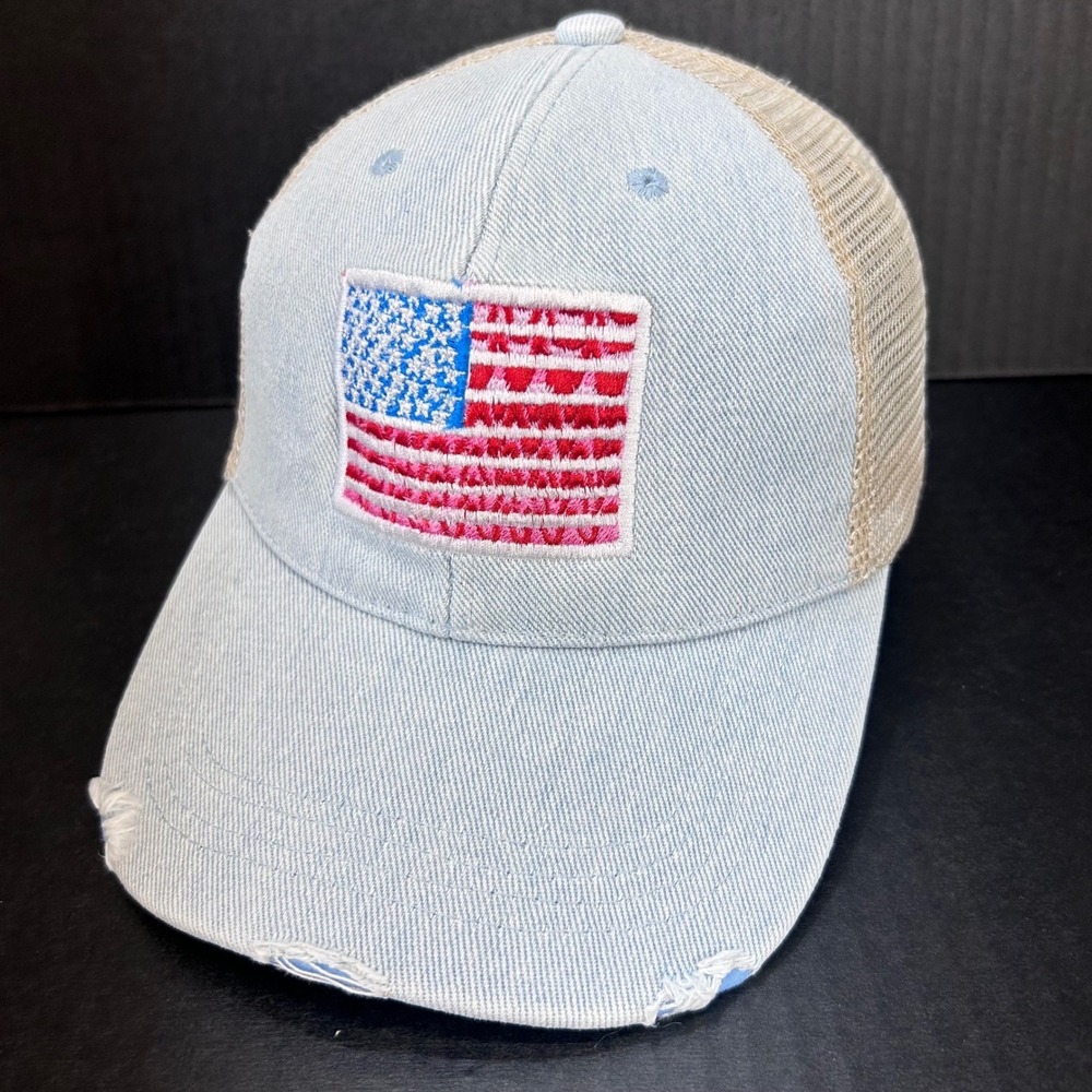 Katydid Womens Trucker Hat Light Blue Denim American Flag Distressed Snapback